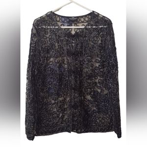 PRINCESS CRUISES WOMEN'S BLACK & SILVER SHEER LONG SLEEVE BUTTON FRONT TOP Large